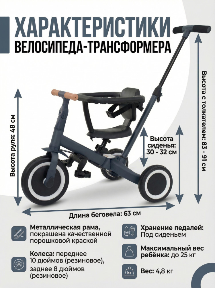 Детский беговел-велосипед 6в1 с родительской ручкой, темно-серый - TR008-DARK-GREY
