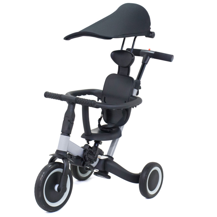 Детский беговел-велосипед 8в1 с крышей и ручкой, серый - TR008C-GREY