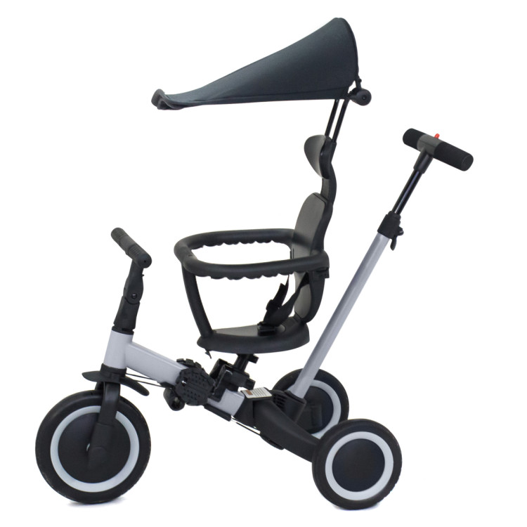 Детский беговел-велосипед 8в1 с крышей и ручкой, серый - TR008C-GREY