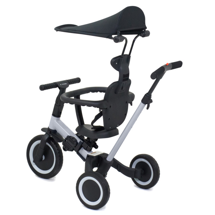 Детский беговел-велосипед 8в1 с крышей и ручкой, серый - TR008C-GREY