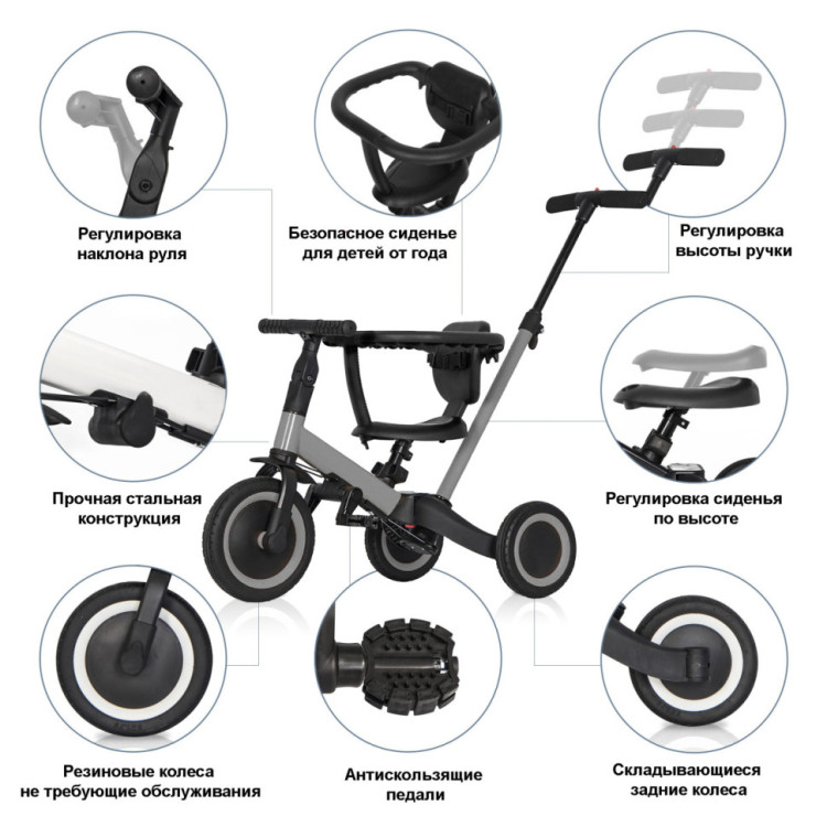 Детский беговел-велосипед 8в1 с крышей и ручкой, серый - TR008C-GREY