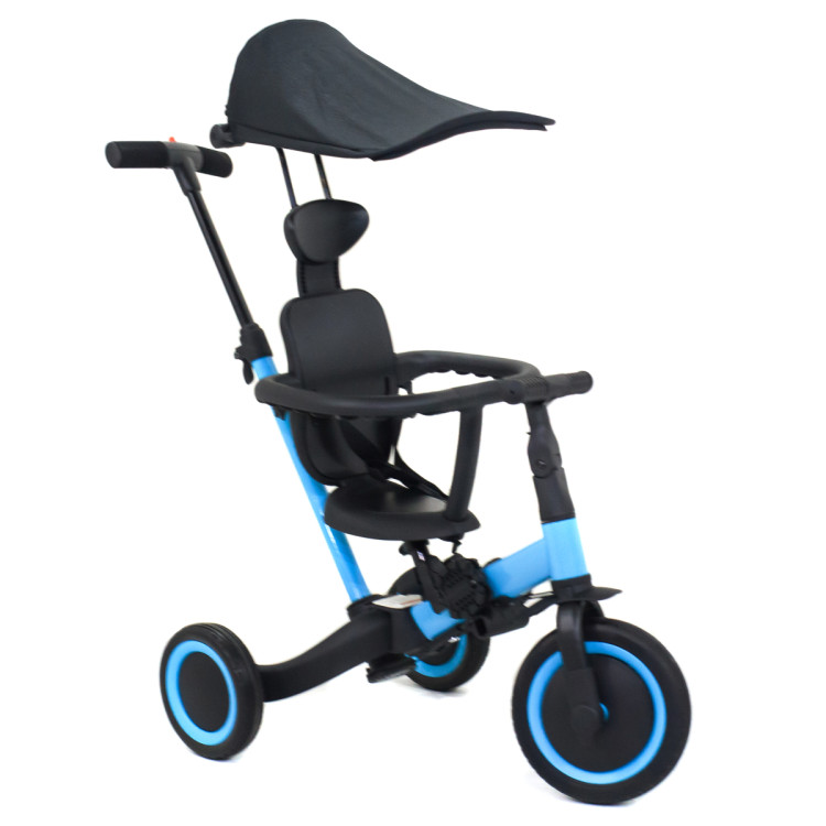 Детский беговел-велосипед 8в1 с крышей и ручкой, синий - TR008C-BLUE