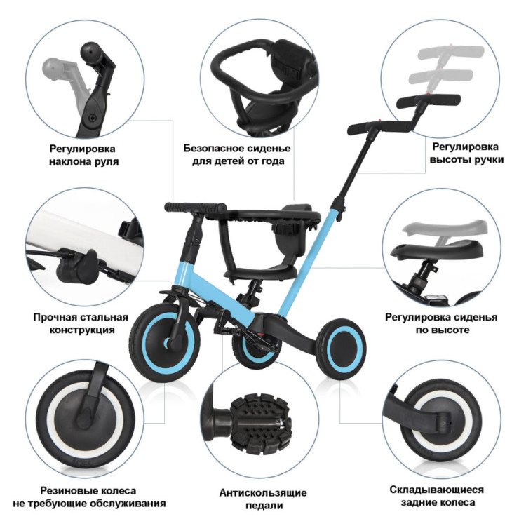 Детский беговел-велосипед 8в1 с крышей и ручкой, синий - TR008C-BLUE