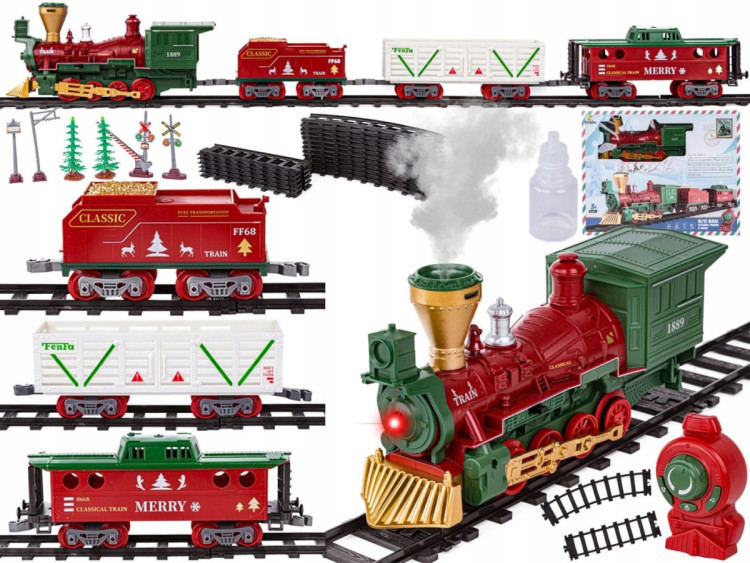 Железная дорога Новогодний поезд Fenfa (3 вагона, пар, пульт, свет, звук) - 1613F