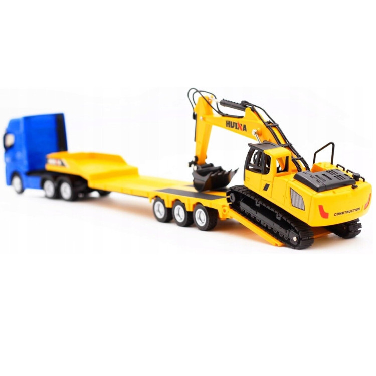 Металлический грузовик трейлер с экскаватором HUINA 1:50 - HN1729-YELLOW