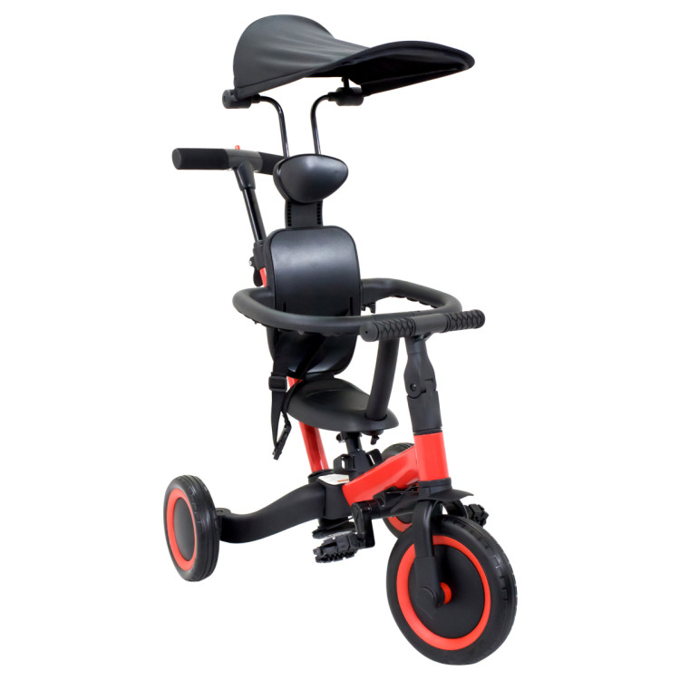 Детский беговел-велосипед 8в1 с крышей и ручкой, красный - TR008C-RED