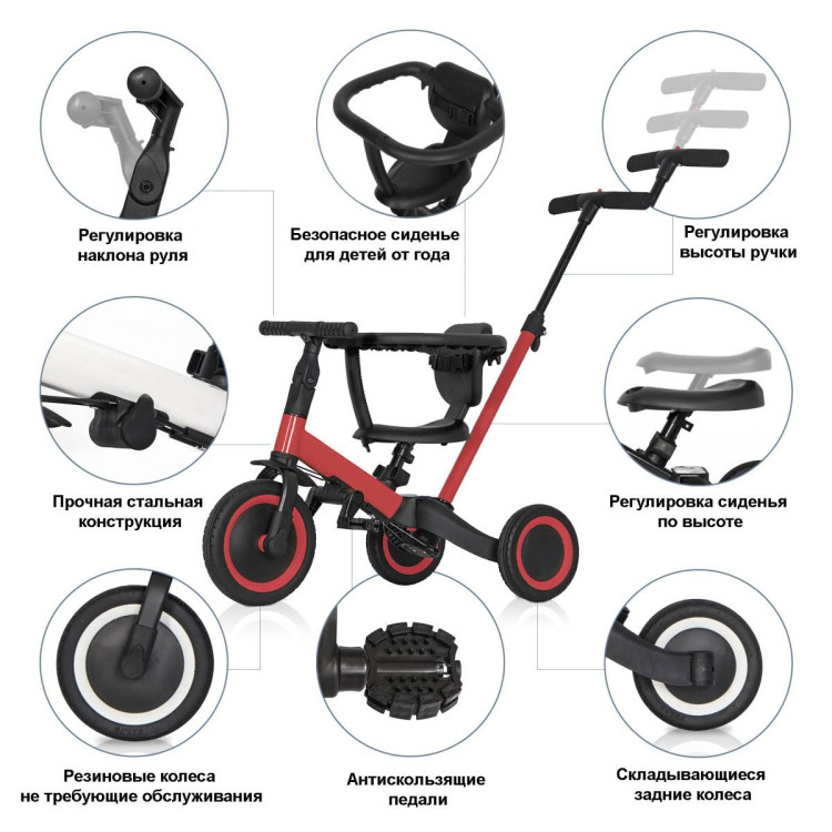 Детский беговел-велосипед 8в1 с крышей и ручкой, красный - TR008C-RED