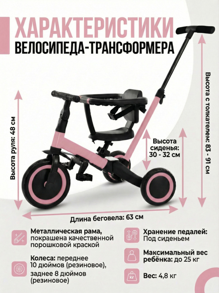 Детский беговел-велосипед 6в1 с родительской ручкой, розовый - TR008-PINK